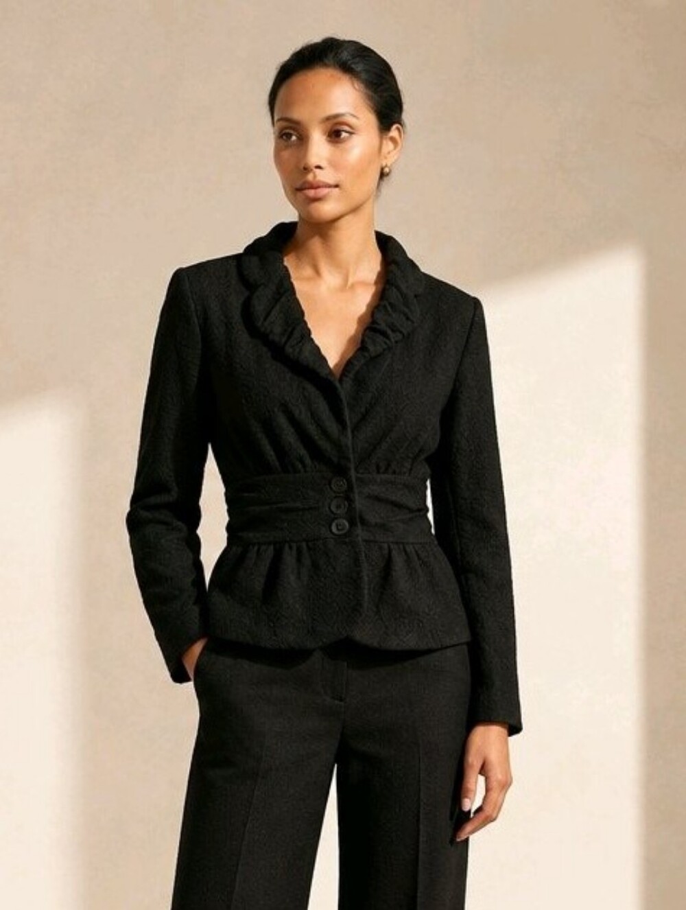 Vintage- Inspiref Black Ruffle Collar Knit Blazer Jacket Ruched Peplum Waist